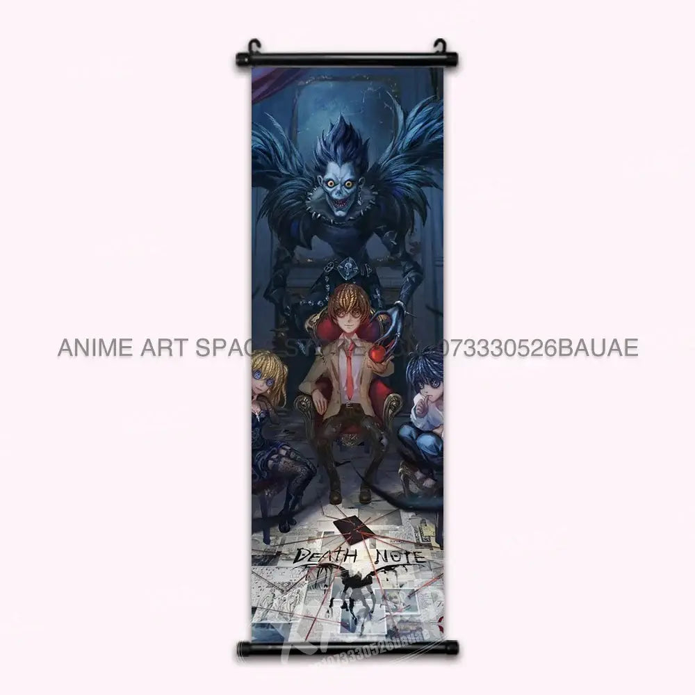 Dark-themed death note wall scroll featuring light and ryuk on black and gray background for home decor print