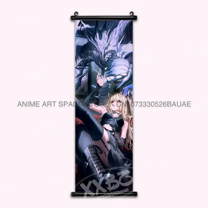 Black and purple anime-themed death note wall scroll with light in dark attire and ryuk monster backdrop home decor print