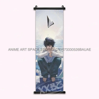 Death note light ryuk wall scroll featuring anime character with dark hair sitting on ice holding book against sky ocean