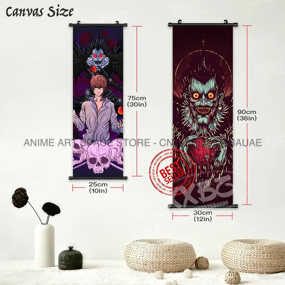 Two vertical death note wall scrolls featuring light with red eyes and ryuk with a green monster on canvas prints