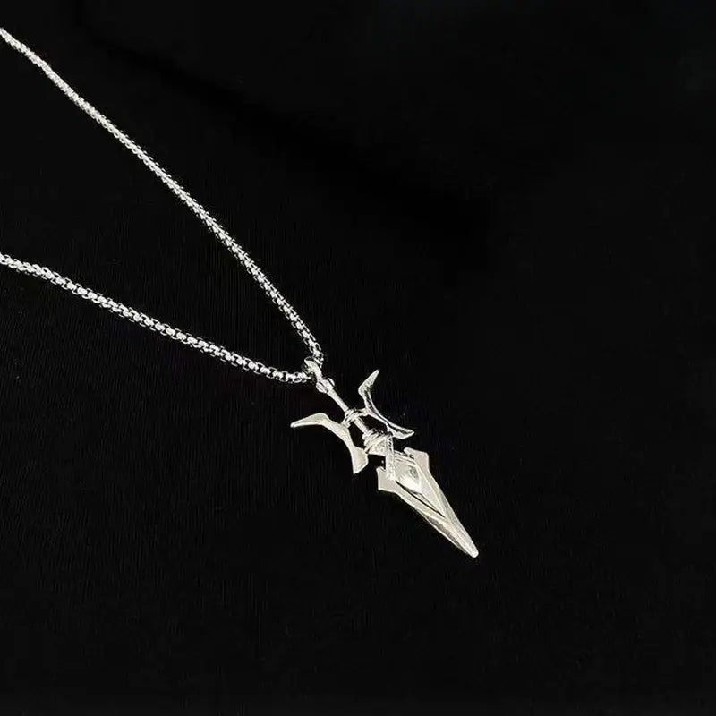 Silver sword-shaped halberd pendant necklace on a delicate chain inspired by misa amane cosplay jewelry