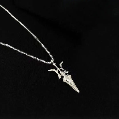 Silver sword-shaped halberd pendant necklace on a delicate chain inspired by misa amane cosplay jewelry