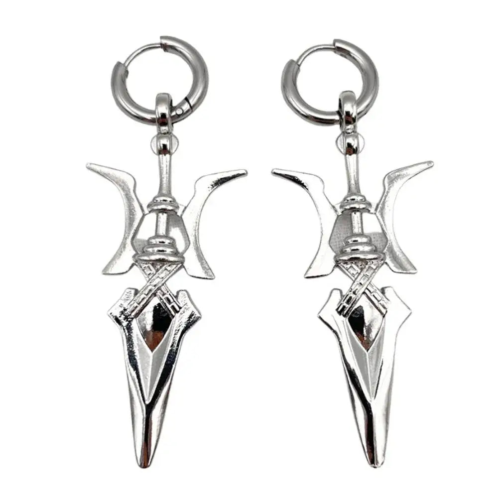 Silver-toned intricate sword-shaped earrings with metallic finish inspired by misa amane halberd pendant cosplay jewelry