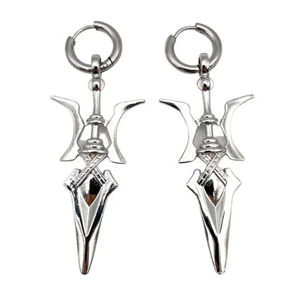 Silver-toned intricate sword-shaped earrings with metallic finish inspired by misa amane halberd pendant cosplay jewelry