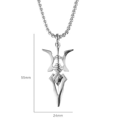 Silver metallic halberd pendant necklace with crescent moons inspired by misa amane from death note cosplay jewelry