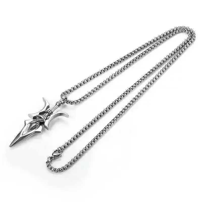Silver-toned stainless steel misa amane halberd pendant necklace with detailed angular spearhead and cross patterns