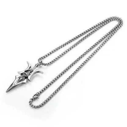 Silver-toned stainless steel misa amane halberd pendant necklace with detailed angular spearhead and cross patterns