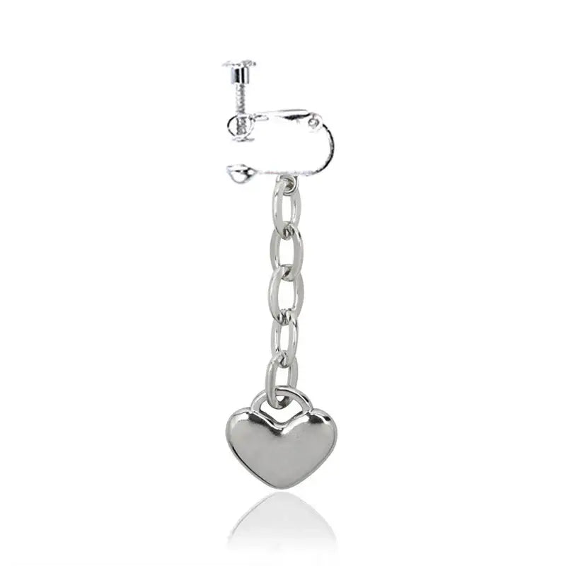 Silver heart-shaped pendant earring with dangling chain and clip-back for misa amane halberd pendant cosplay jewelry