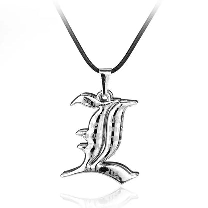 Silver metallic misa amane halberd pendant necklace shaped like letter d on black cord for cosplay jewelry