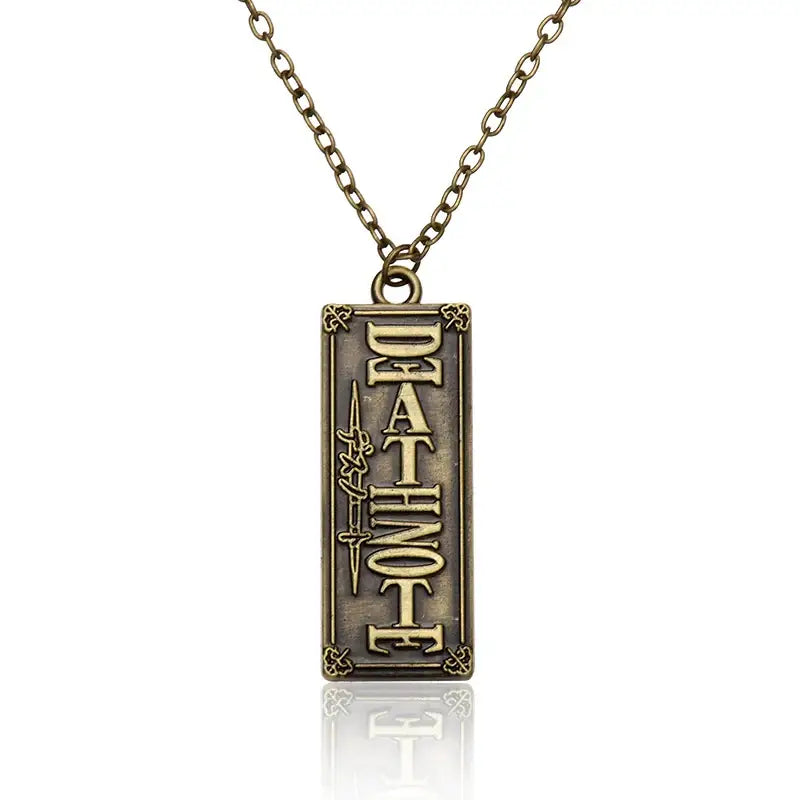Antique brass misa amane halberd pendant necklace with deathnote lettering and sword design for cosplay jewelry
