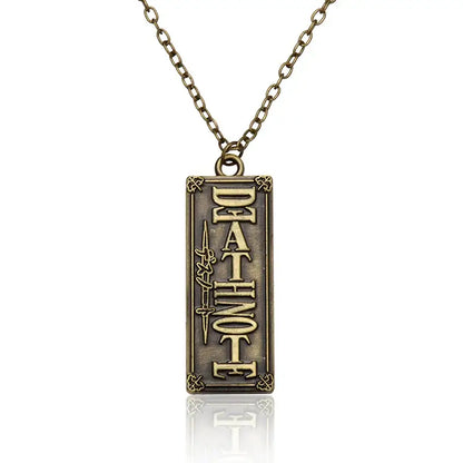 Antique brass misa amane halberd pendant necklace with deathnote lettering and sword design for cosplay jewelry