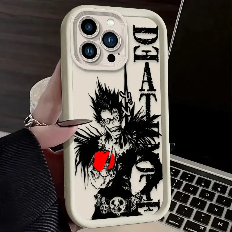 Back side of a white death note ryuk silicone phone case featuring black-and-white ryuk holding a red heart and vertical text death