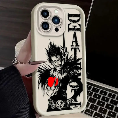 Back side of a white death note ryuk silicone phone case featuring black-and-white ryuk holding a red heart and vertical text death