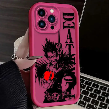 Back side of pink silicone death note ryuk phone case featuring black ryuk graphic holding apple and vertical text death
