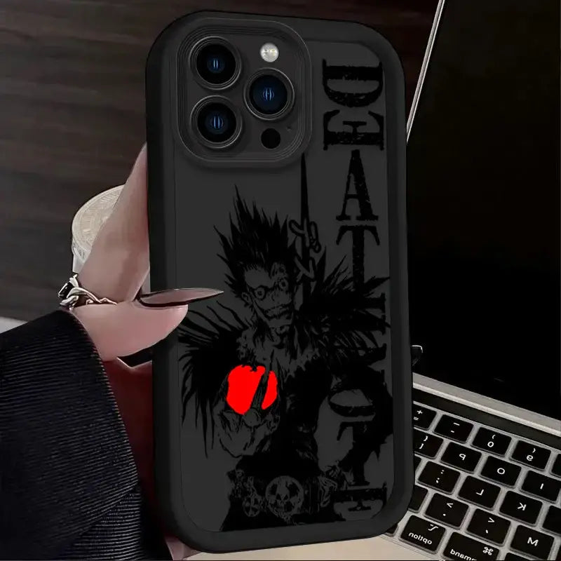 Black death note ryuk silicone phone case for iphone back cover with stylized death illustration and red glowing eyes