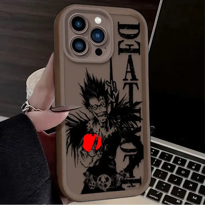 Tan death note ryuk silicone phone case back featuring black and white ryuk illustration with red heart and death text