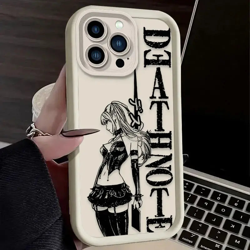 White death note ryuk silicone phone case for iphone with black and white anime character holding sword on back side