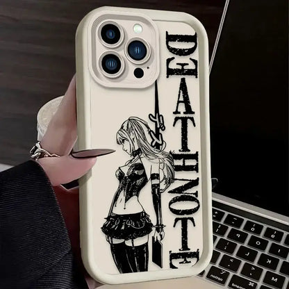 White death note ryuk silicone phone case for iphone with black and white anime character holding sword on back side