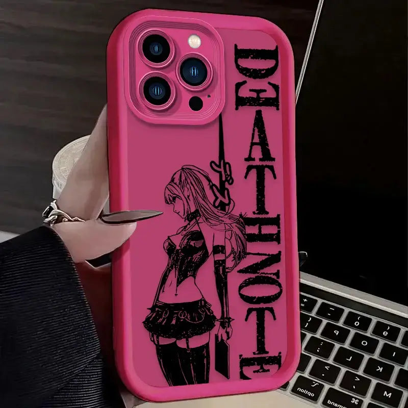Back view of pink death note ryuk silicone phone case with black anime girl graphic and death text for iphone
