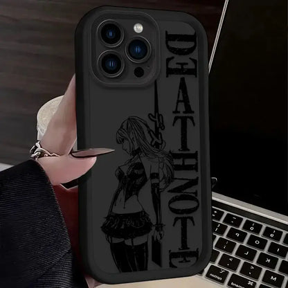 Black death note ryuk silicone phone case for iphone featuring stylized anime character and bold distressed lettering on back