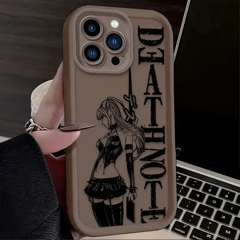 Beige death note ryuk silicone phone case showing back with black anime girl sword illustration and vertical deathnote text