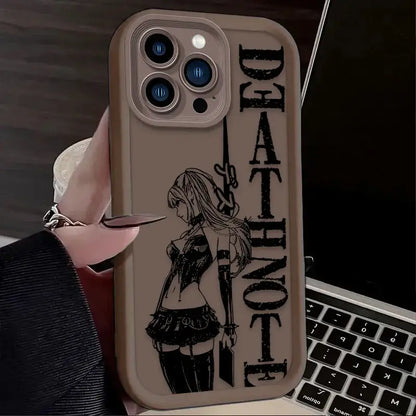 Beige death note ryuk silicone phone case showing back with black anime girl sword illustration and vertical deathnote text