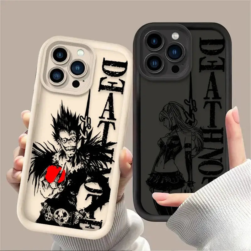 Two death note ryuk silicone phone cases for iphone back cover in cream with black and red and solid black designs