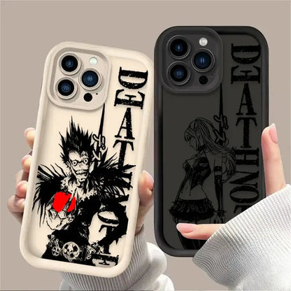 Two death note ryuk silicone phone cases for iphone back cover in cream with black and red and solid black designs
