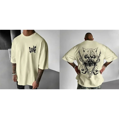 Off-white oversized demon slayer inosuke t-shirt with black ink graphic of stylized animal mask and japanese kanji