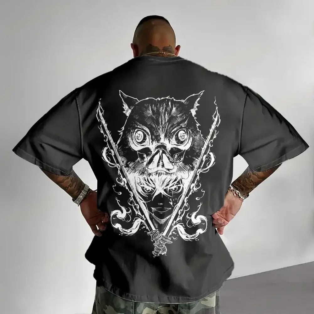Black short-sleeved demon slayer inosuke t-shirt with bold white skull-faced graphic and crossed swords on the back