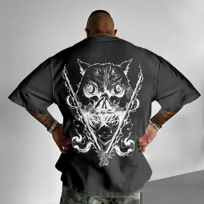 Black short-sleeved demon slayer inosuke t-shirt with bold white skull-faced graphic and crossed swords on the back