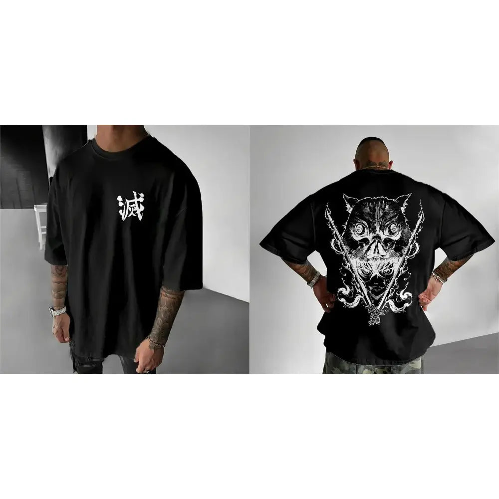 Black oversized demon slayer inosuke t-shirt with white chinese character front and skull crossed swords back side graphic