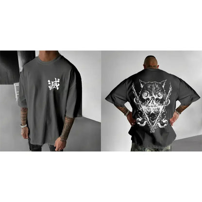 Black oversized demon slayer inosuke t-shirt with white kanji front and skull crossed swords design on back side