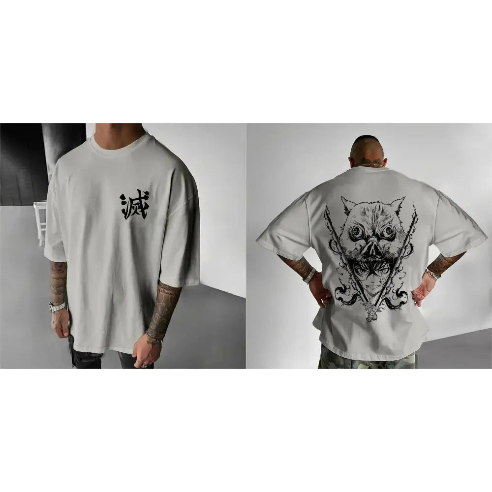 White oversized demon slayer inosuke graphic t-shirt with black ink designs on front and back for kids and adults