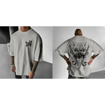White oversized demon slayer inosuke graphic t-shirt with black ink designs on front and back for kids and adults