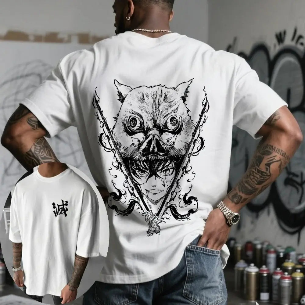 White oversized cotton t-shirt with black demon slayer inosuke graphic of demon head and swords in kids and adults sizes