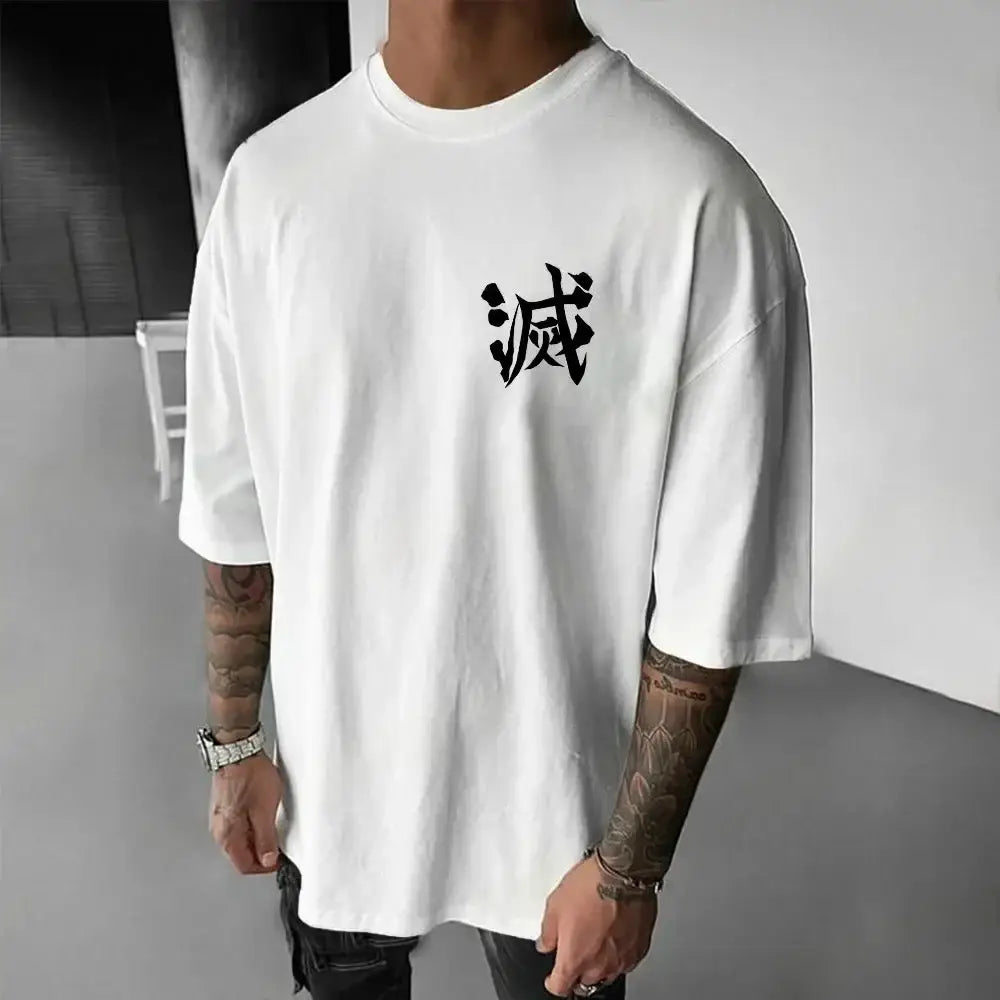 White oversized t-shirt with black chinese character print featuring demon slayer inosuke design for kids and adults