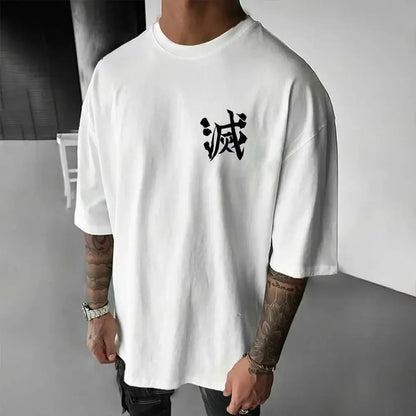 White oversized t-shirt with black chinese character print featuring demon slayer inosuke design for kids and adults
