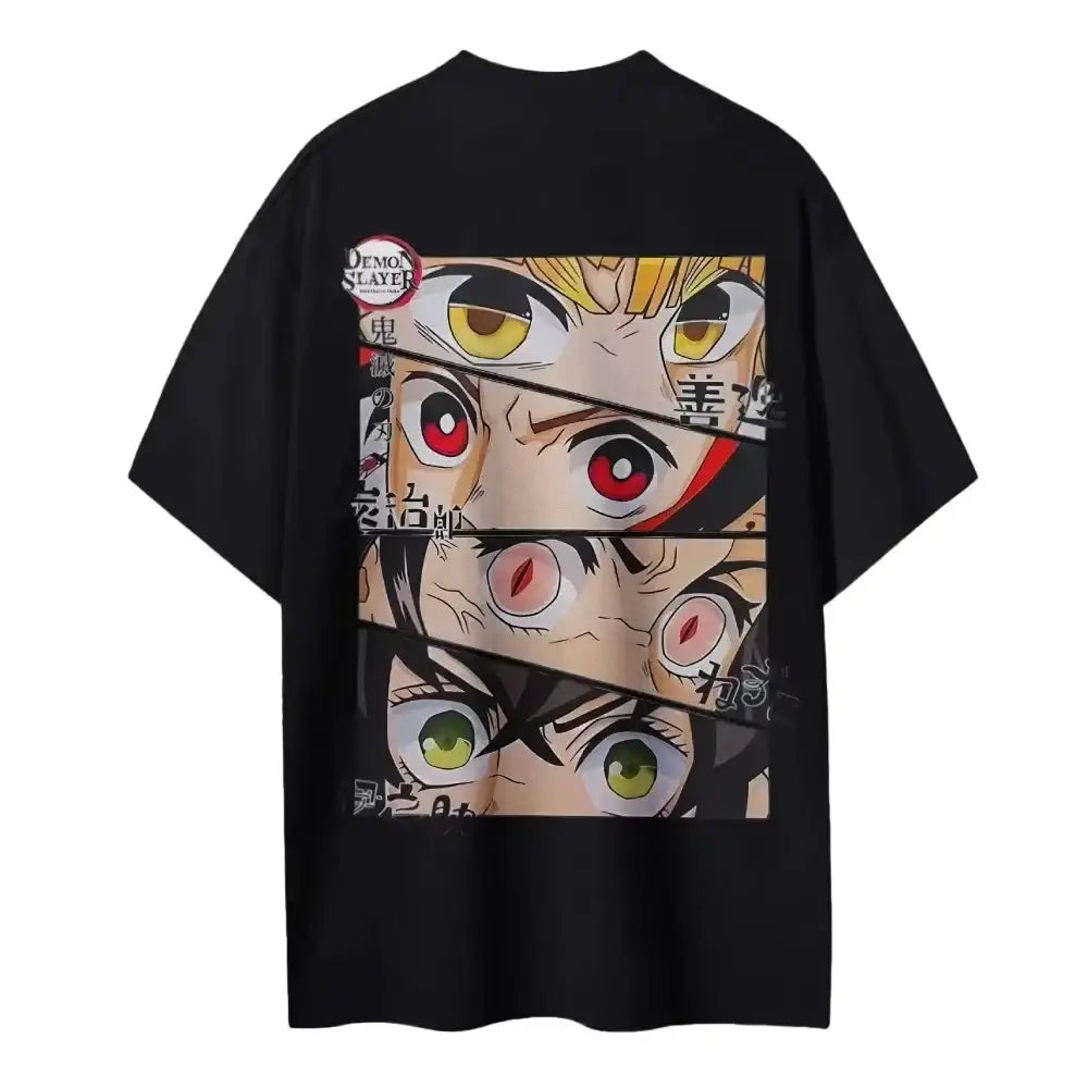 Black short sleeve cotton t-shirt featuring bold vertically stacked demon slayer kamado tanjiro anime eyes graphic