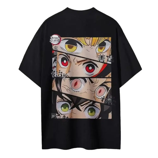Black short sleeve cotton t-shirt featuring bold vertically stacked demon slayer kamado tanjiro anime eyes graphic
