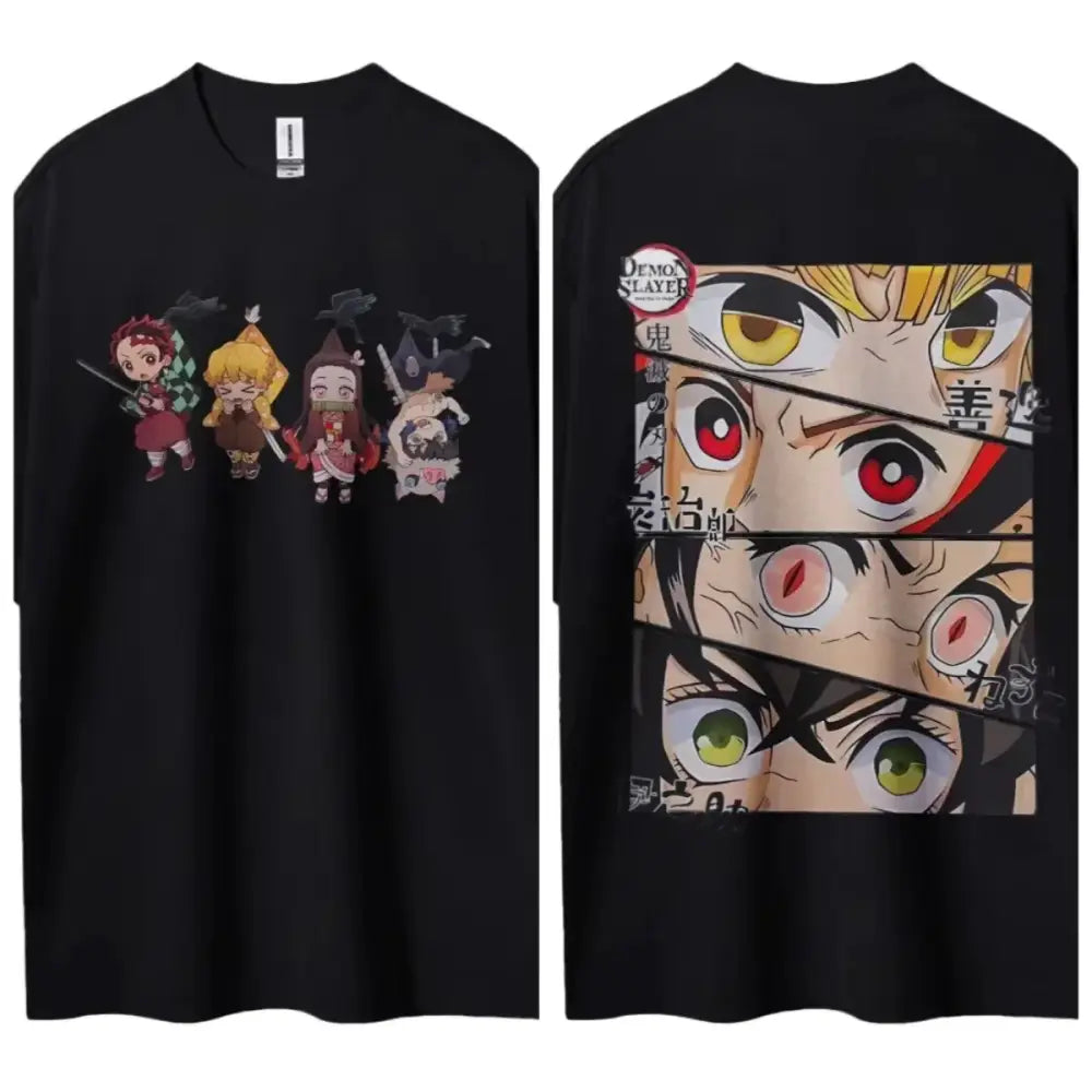 Black long-sleeved cotton t-shirt featuring demon slayer kamado tanjiro anime characters on front and back