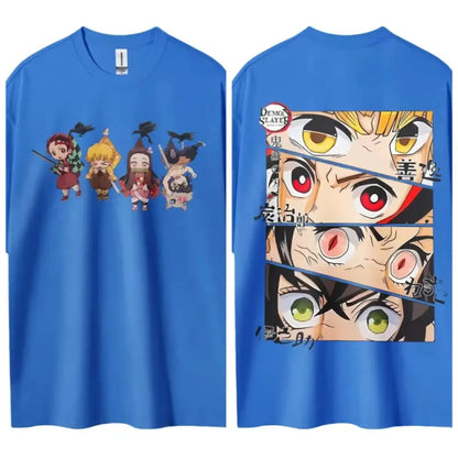 Blue short sleeve cotton t-shirt featuring chibi demon slayer kamado tanjiro on front and stylized eye design on back
