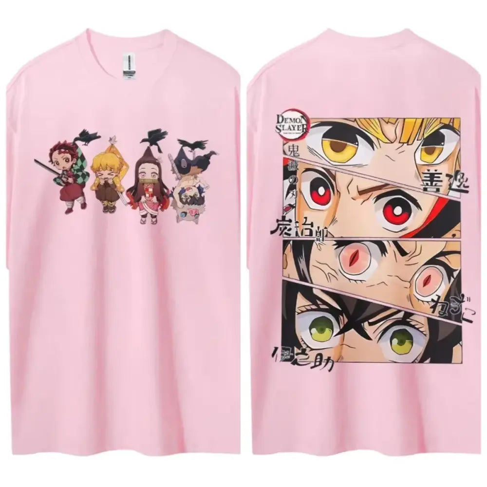Pink short sleeve cotton t-shirt featuring chibi demon slayer kamado tanjiro characters on front and back collage