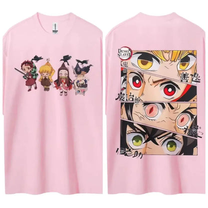 Pink short sleeve cotton t-shirt featuring chibi demon slayer kamado tanjiro characters on front and back collage