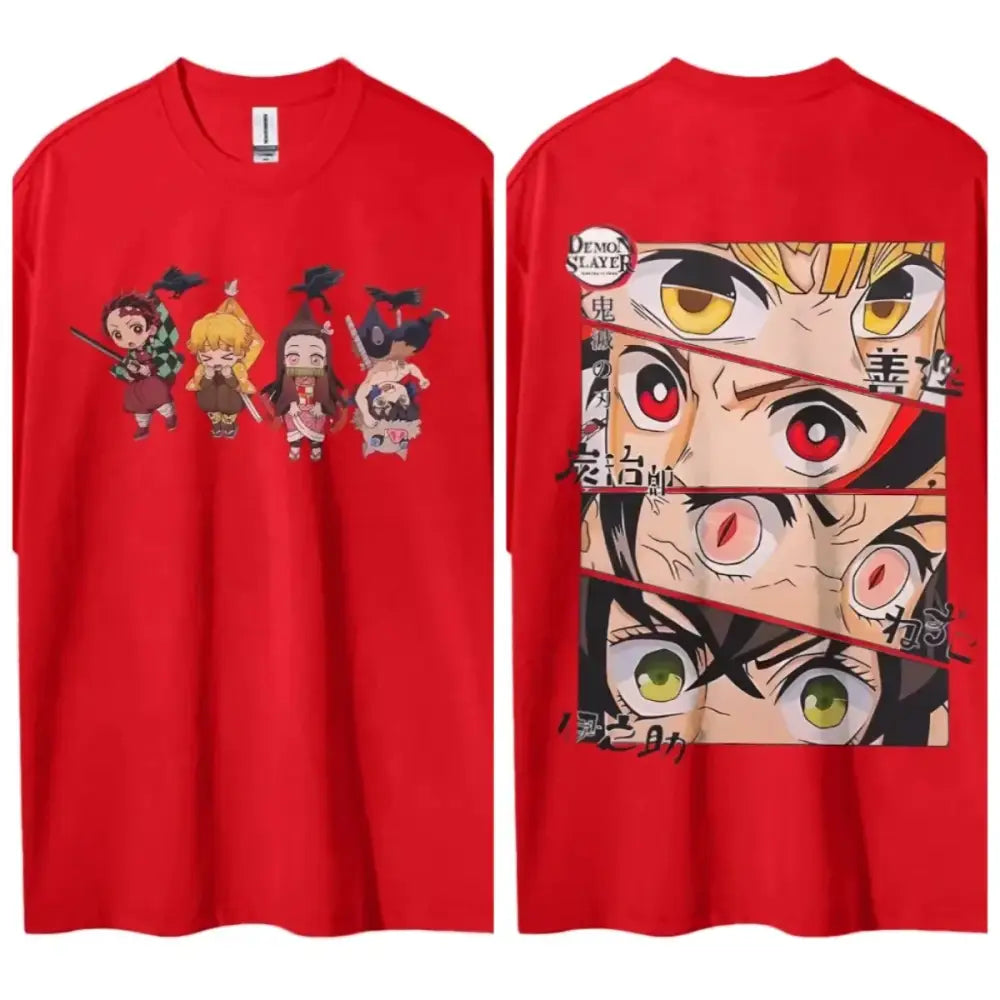 Red cotton demon slayer kamado tanjiro t-shirt with chibi characters front and segmented eye design back with japanese text