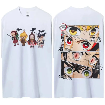 White cotton demon slayer kamado tanjiro t-shirt with chibi characters front and multi-panel eye design back with japanese text