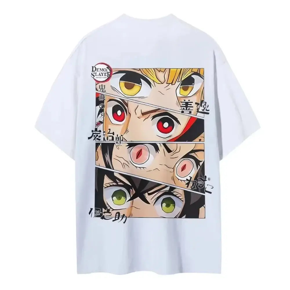 White short sleeve cotton demon slayer kamado tanjiro t-shirt with graphic eyes print and japanese text