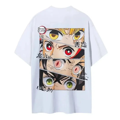 White short sleeve cotton demon slayer kamado tanjiro t-shirt with graphic eyes print and japanese text