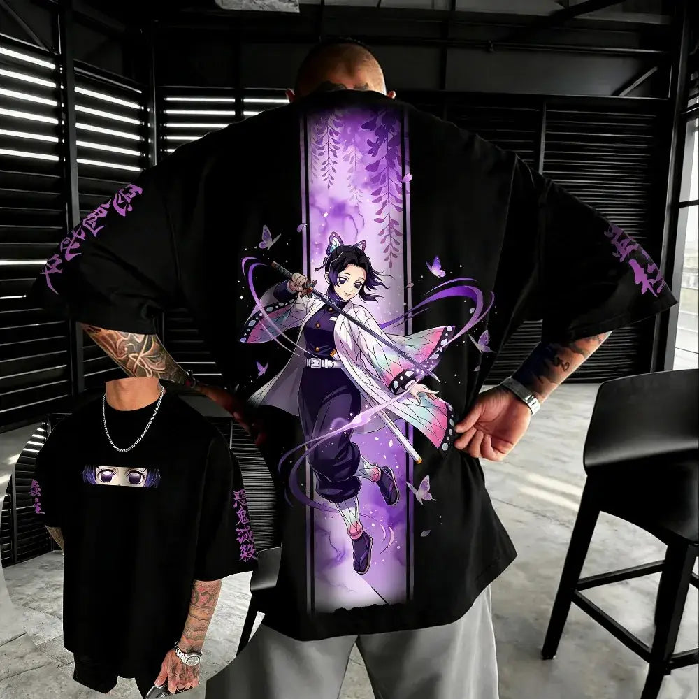Black cotton oversized t-shirt featuring vibrant purple and white nezuko kamado graphic with butterfly designs demon slayer kochou