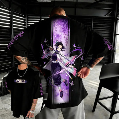 Black cotton oversized t-shirt featuring vibrant purple and white nezuko kamado graphic with butterfly designs demon slayer kochou